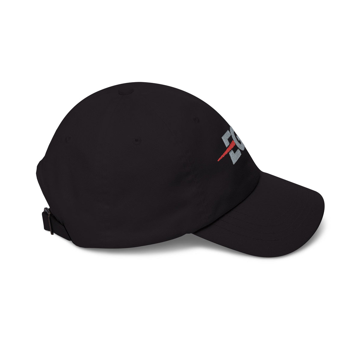 EGETU Mirror EGE Embroidered Dad Cap in black, side product view with brim facing right