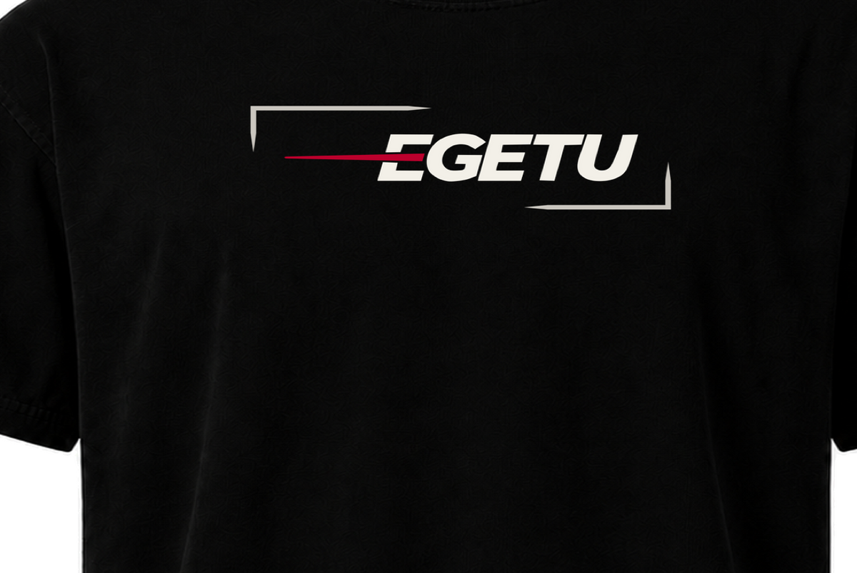 EGETU Signal Heavyweight Graphic Tee in black, logo detail