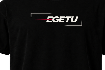 EGETU Signal Heavyweight Graphic Tee in black, logo detail